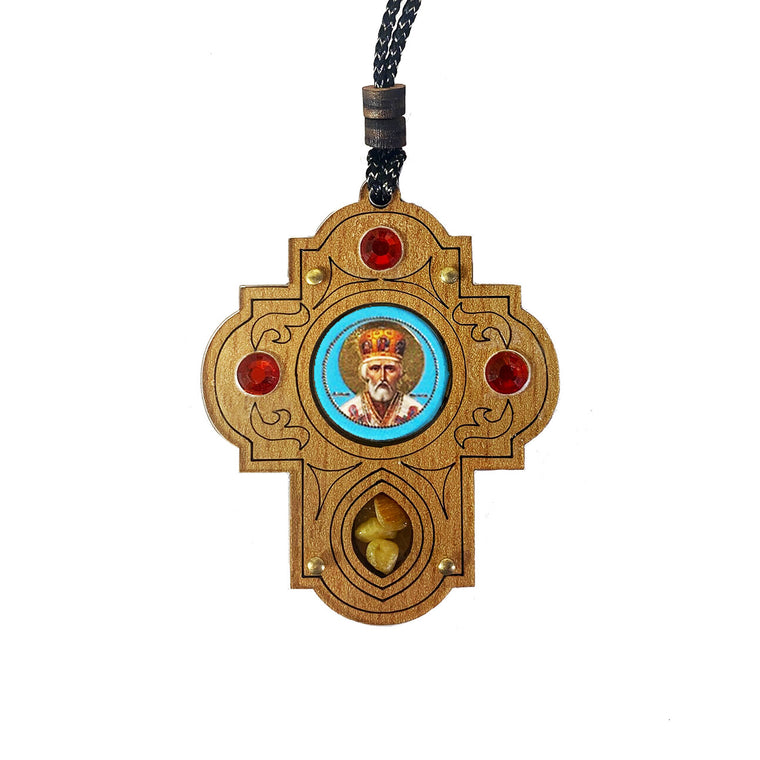Wooden Cross Pendant Saint Nicholas - Car Room Wooden Cross Decoration on Rope - Cross Covered With Special Glass - Decorated With Faux Crystals and Crystal Incense