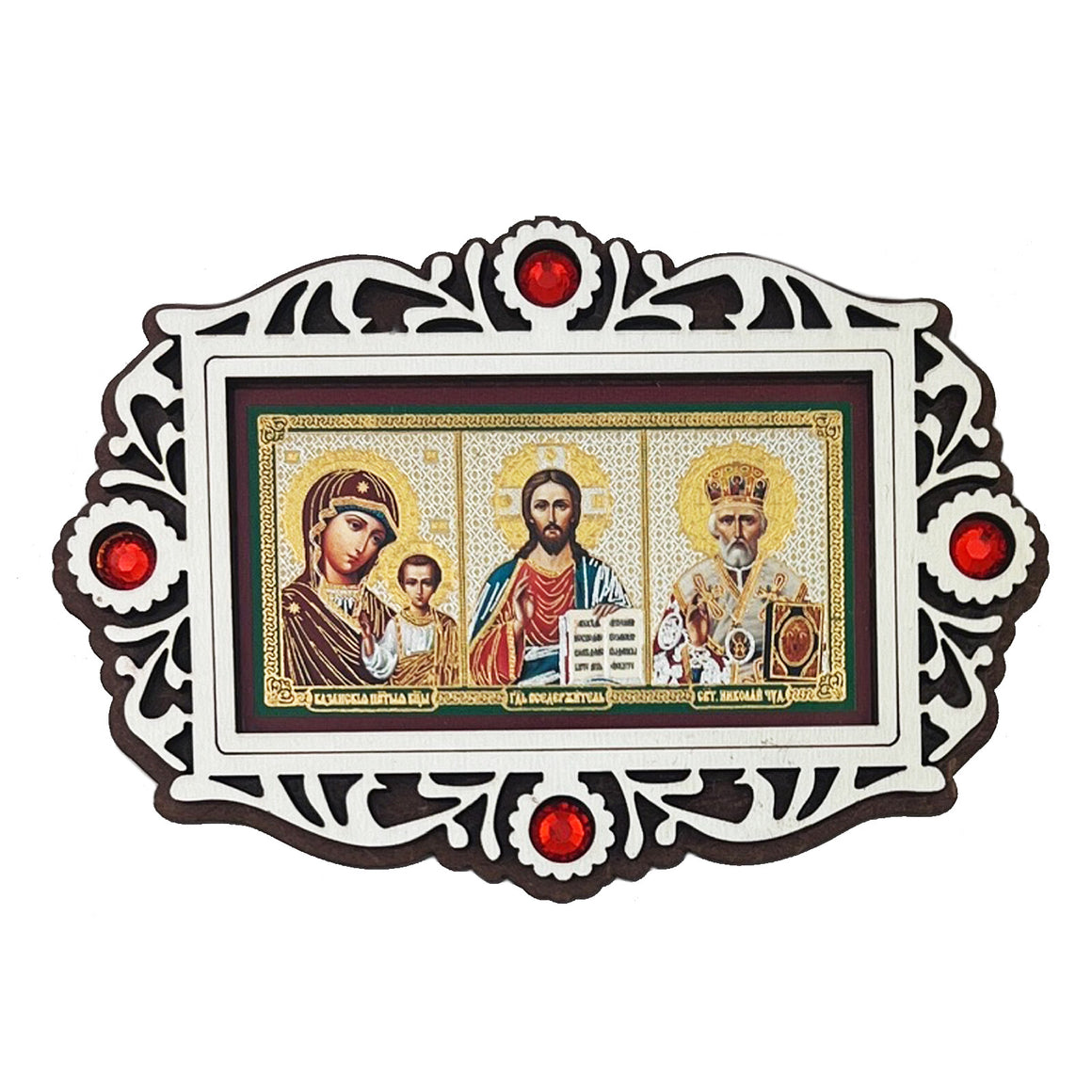 Christ The Teacher - Virgin of Kazan - Saint Nicholas - Incense Crystals Car Wooden Icon - Wood Laser Cut Frame - Sticker on The Back