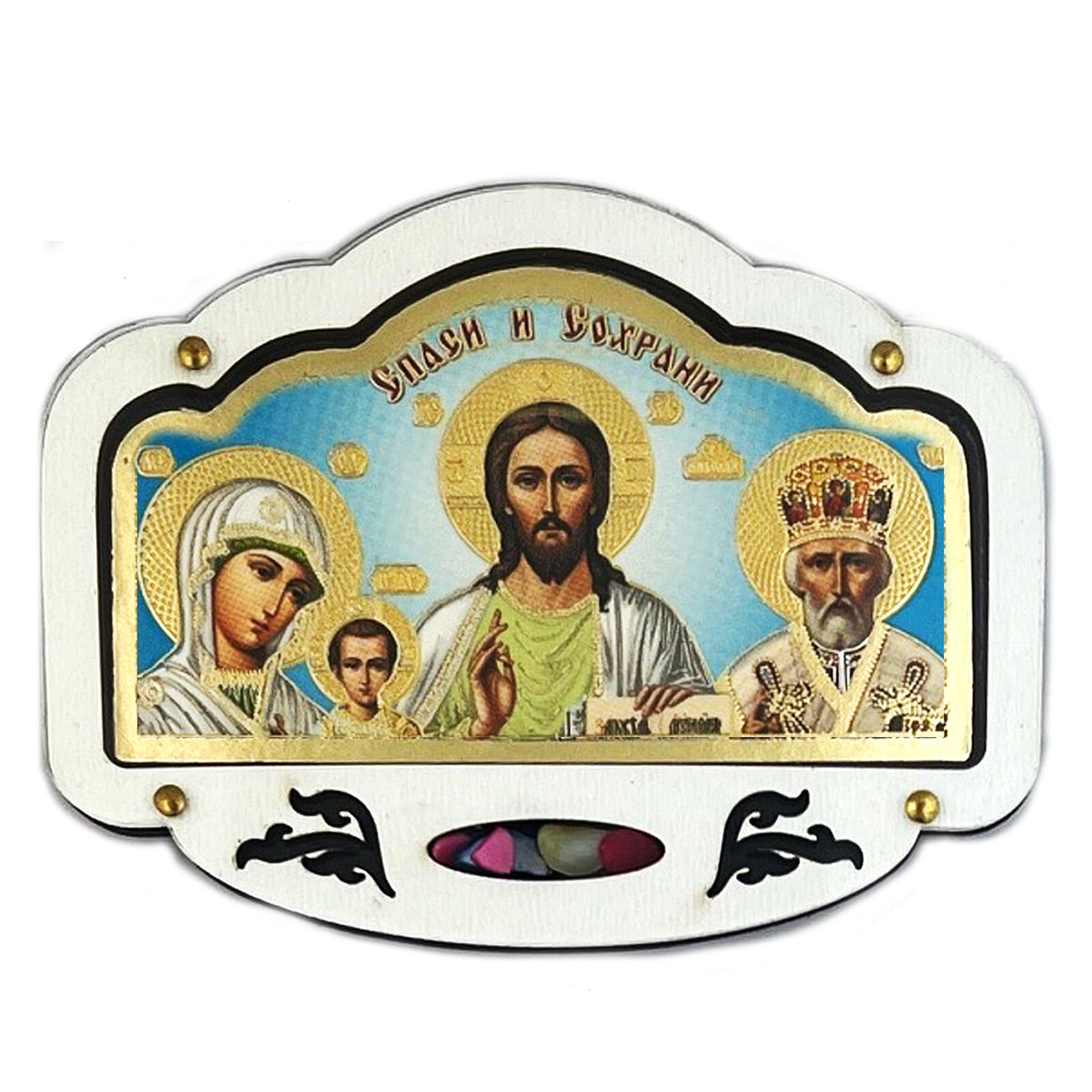 Christ The Teacher - Virgin of Kazan - Saint Nicholas - Incense Crystals Car Wooden Icon - Sticker on The Back - Wooden Covered With Plaxi Glass blue background 3 3/8 inch - x 2 1/4 inch