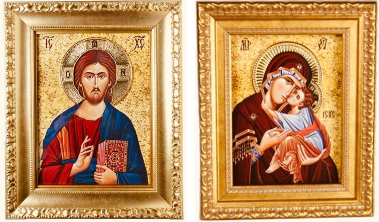 Handmade Extra Large Wedding Icons in Golden Wooden Frame with Gold Halo