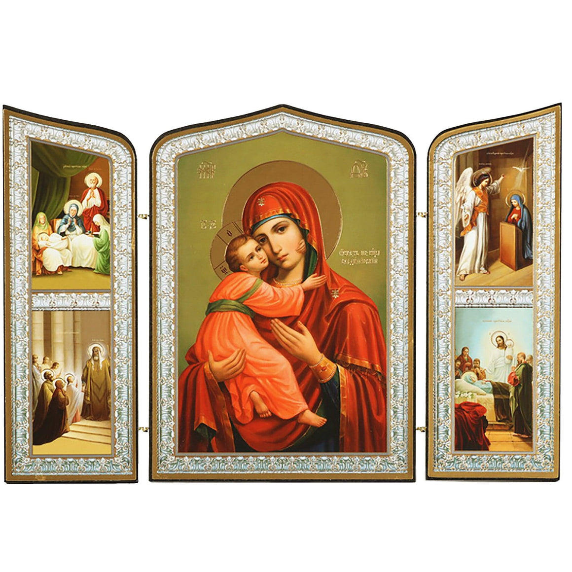 Mother of God "of Vladimir" with Feast Days Triptych Icon (6.75 in)