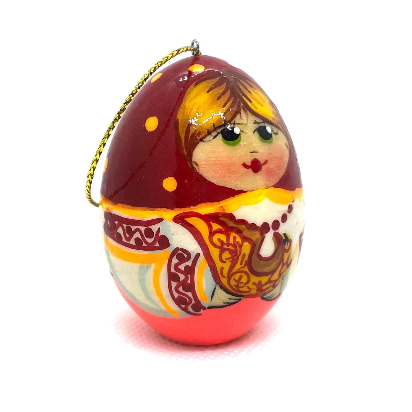 Wooden Egg Ornament: Girl with Gift