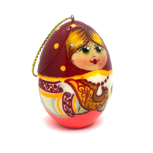 Wooden Egg Ornament: Girl with Gift