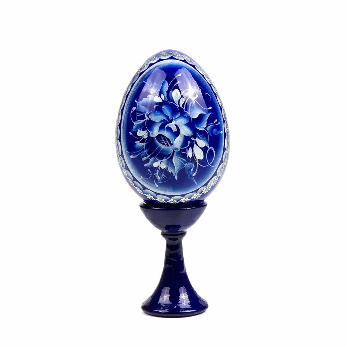 Wooden Egg with Stand: Blue Gzhel