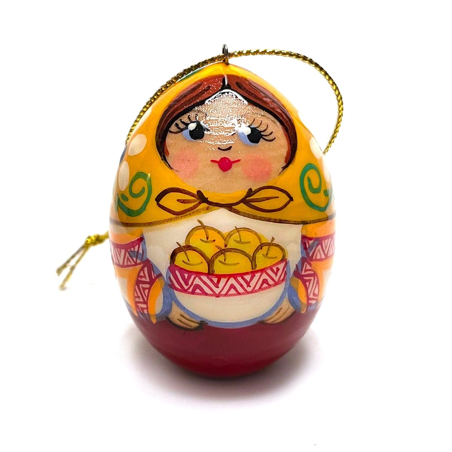 Wooden Egg Ornament: Girl with Apples
