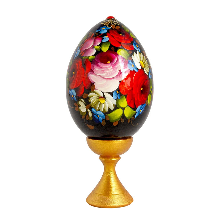 Standing Wooden Egg: Flowers on Black