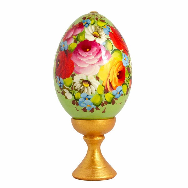 Standing Wooden Egg: Flowers on Green