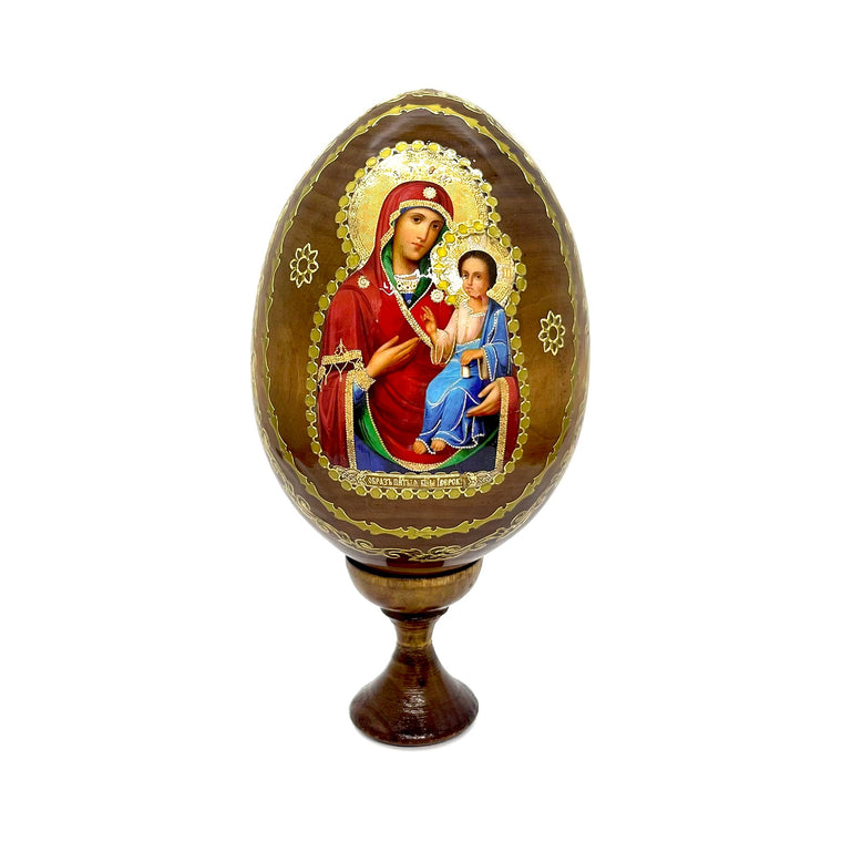 Wooden Egg Mother of God "of Iveron" Icon (includes stand)