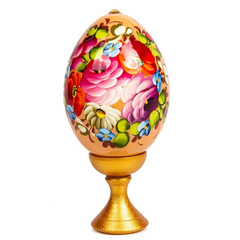 Standing Wooden Egg: Flowers on Cream