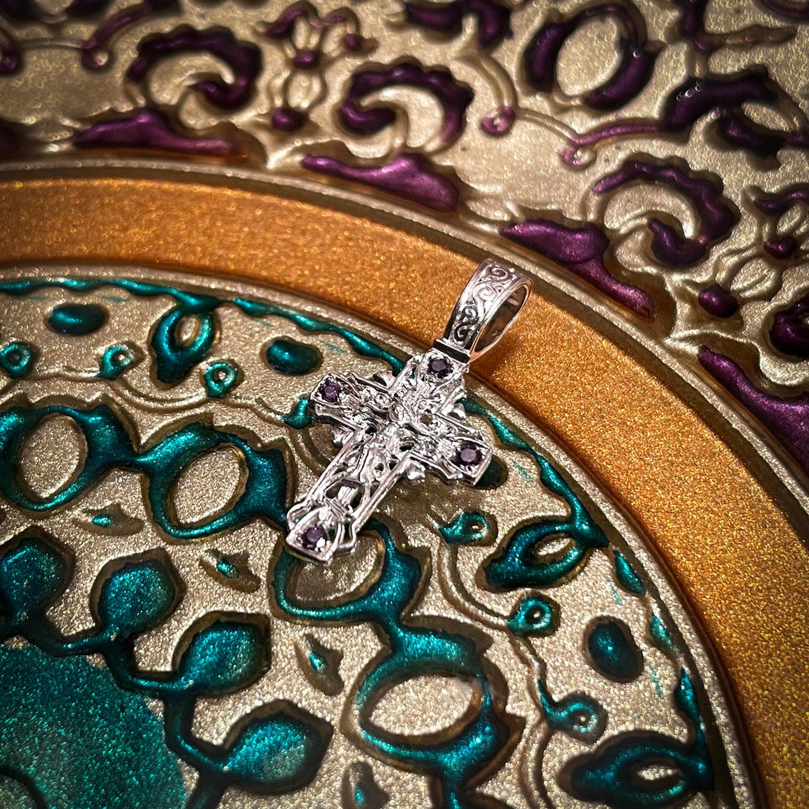 Silver Cross Pendant with Violet Crystals No. 24798