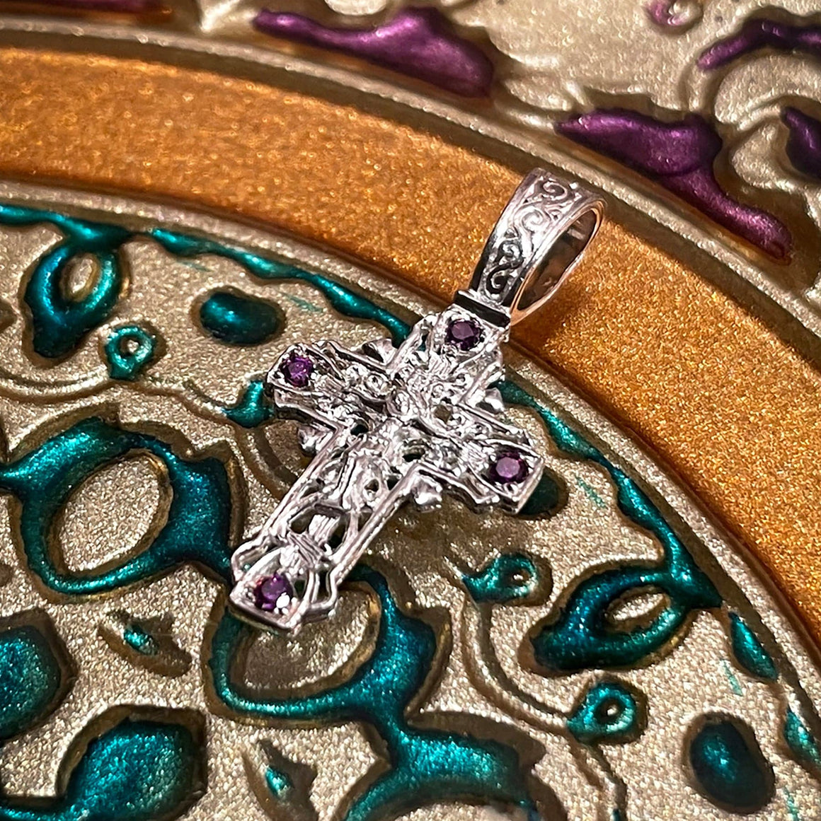Silver Cross Pendant with Violet Crystals No. 24798