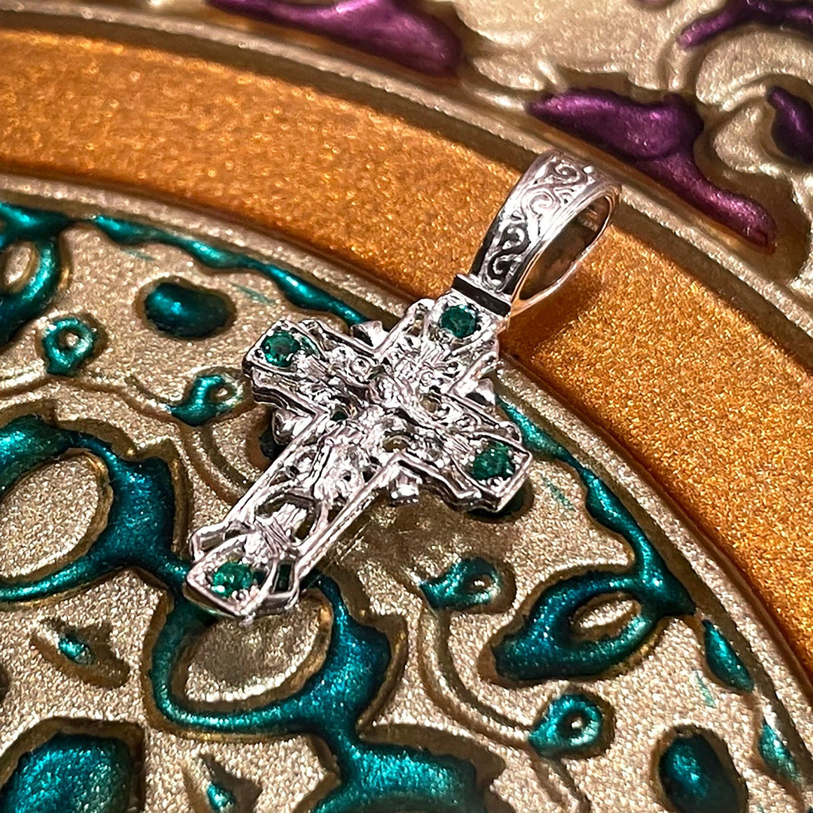 Silver Cross Pendant with Green Crystals No. 24800