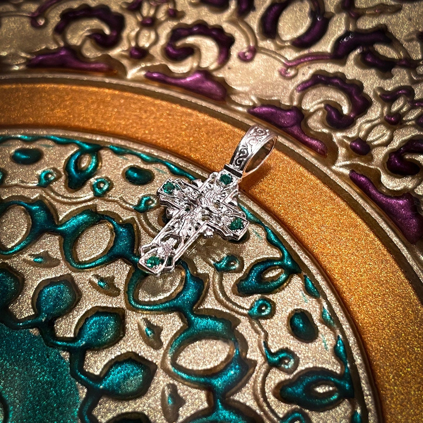 Silver Cross Pendant with Green Crystals No. 24800