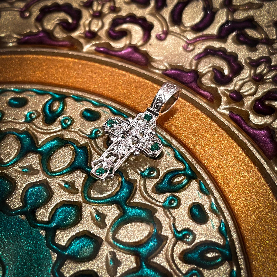 Silver Cross Pendant with Green Crystals No. 24800