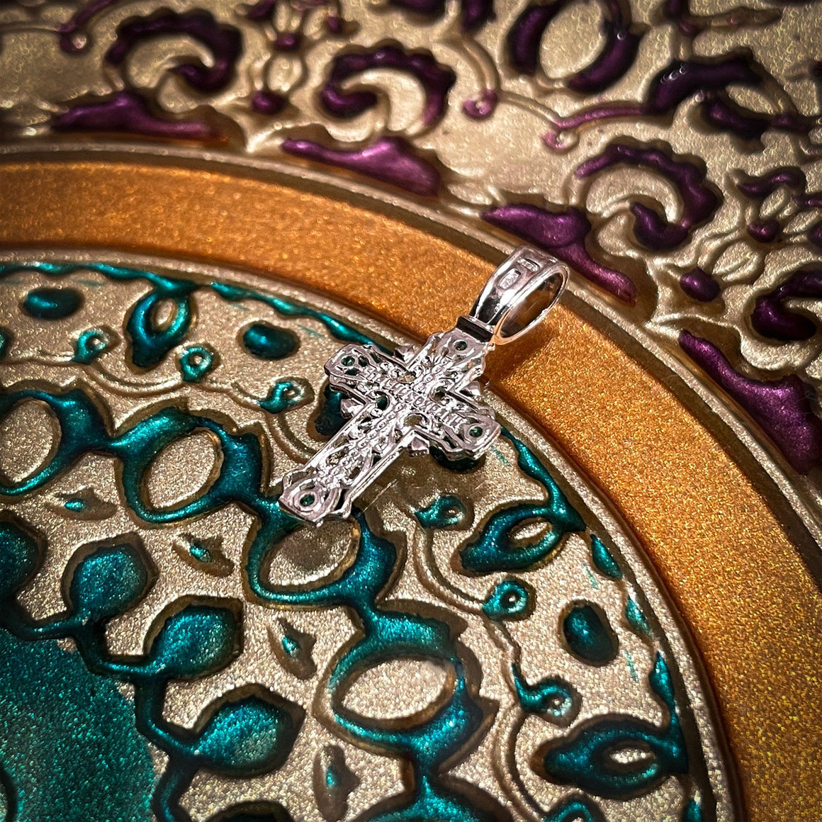 Silver Cross Pendant with Green Crystals No. 24800