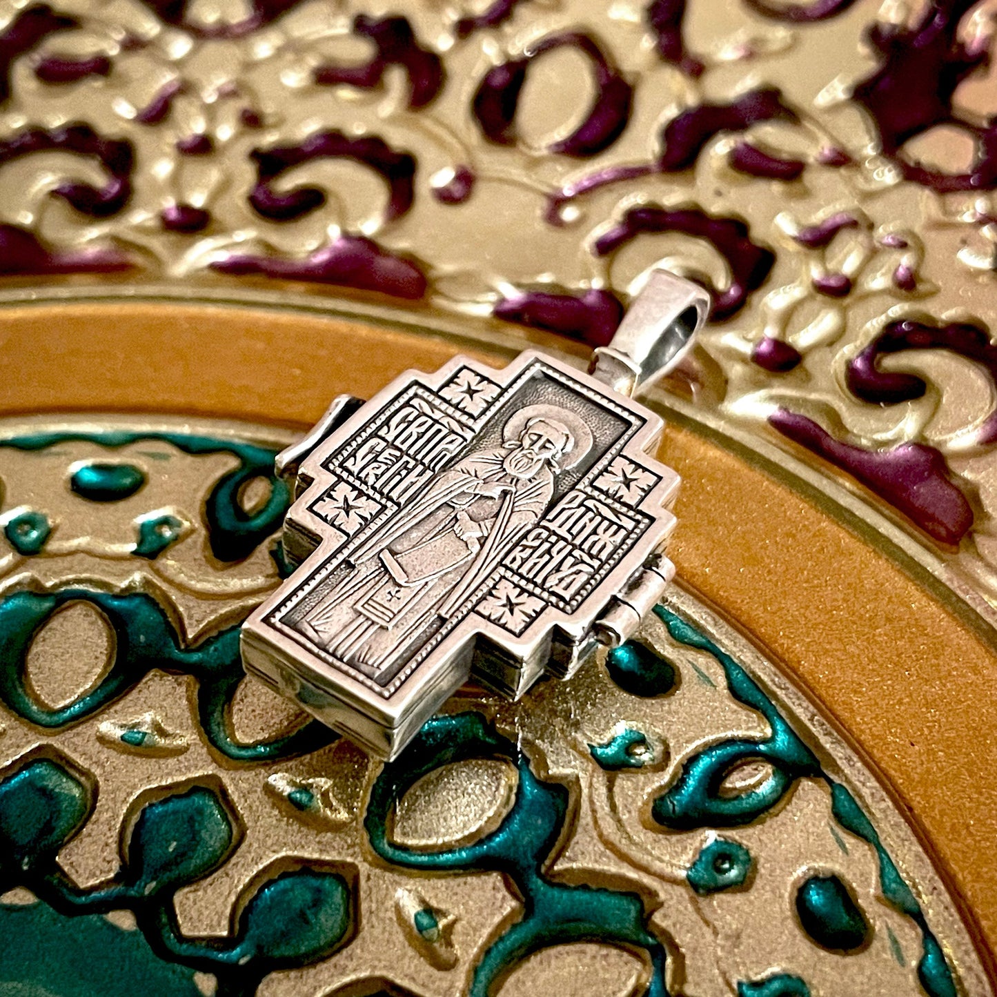 Silver Cross Pendant Locket No. 24836, with St. Sergius of Radonezh Icon