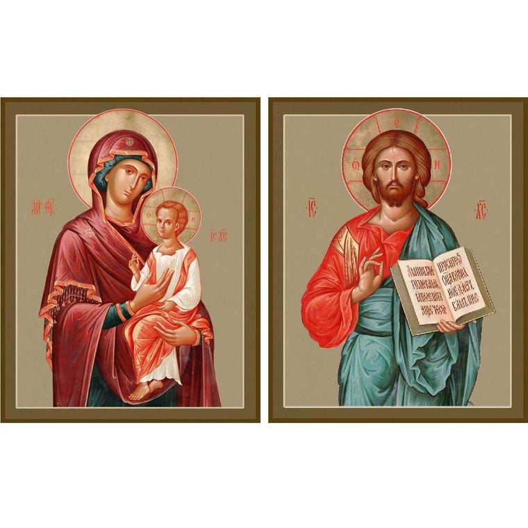 Pair of Wedding Icons "Pimenovskaya" Theotokos & "Christ the Pantocrator" (Canvas Print, 6 in)