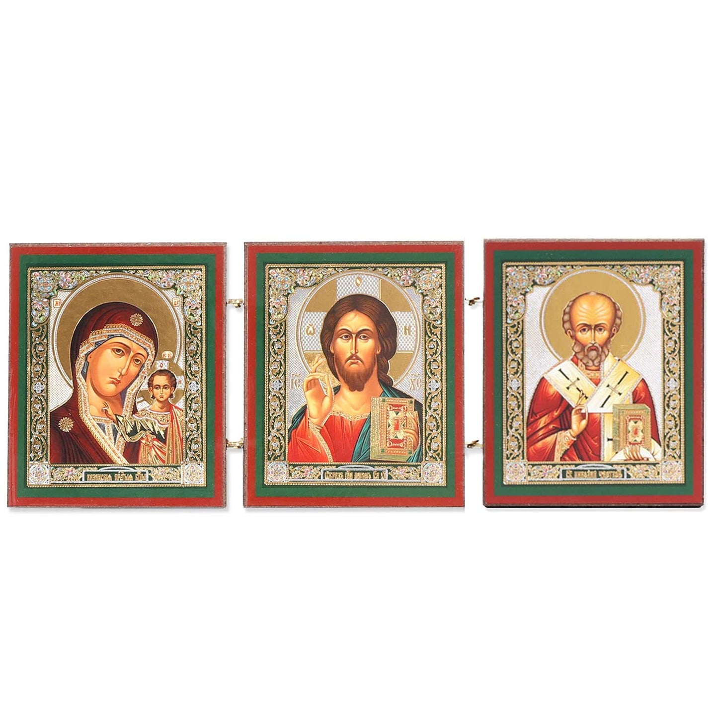 Christ, the Mother of God "of Kazan," & St. Nicholas Triptych Icon (3 in)