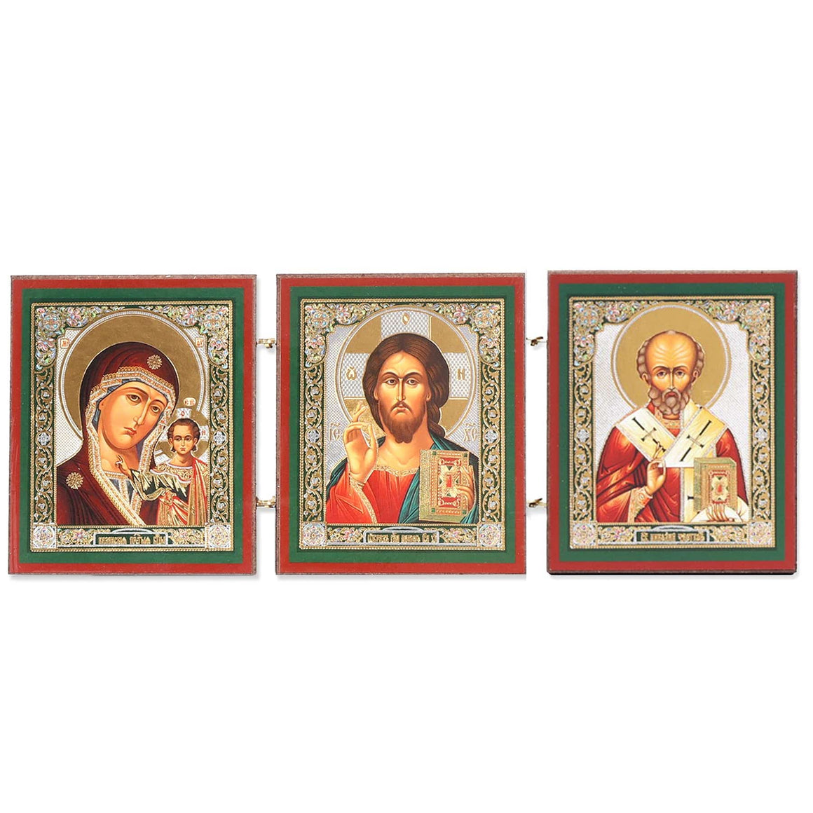 Christ, the Mother of God "of Kazan," & St. Nicholas Triptych Icon (3 in)