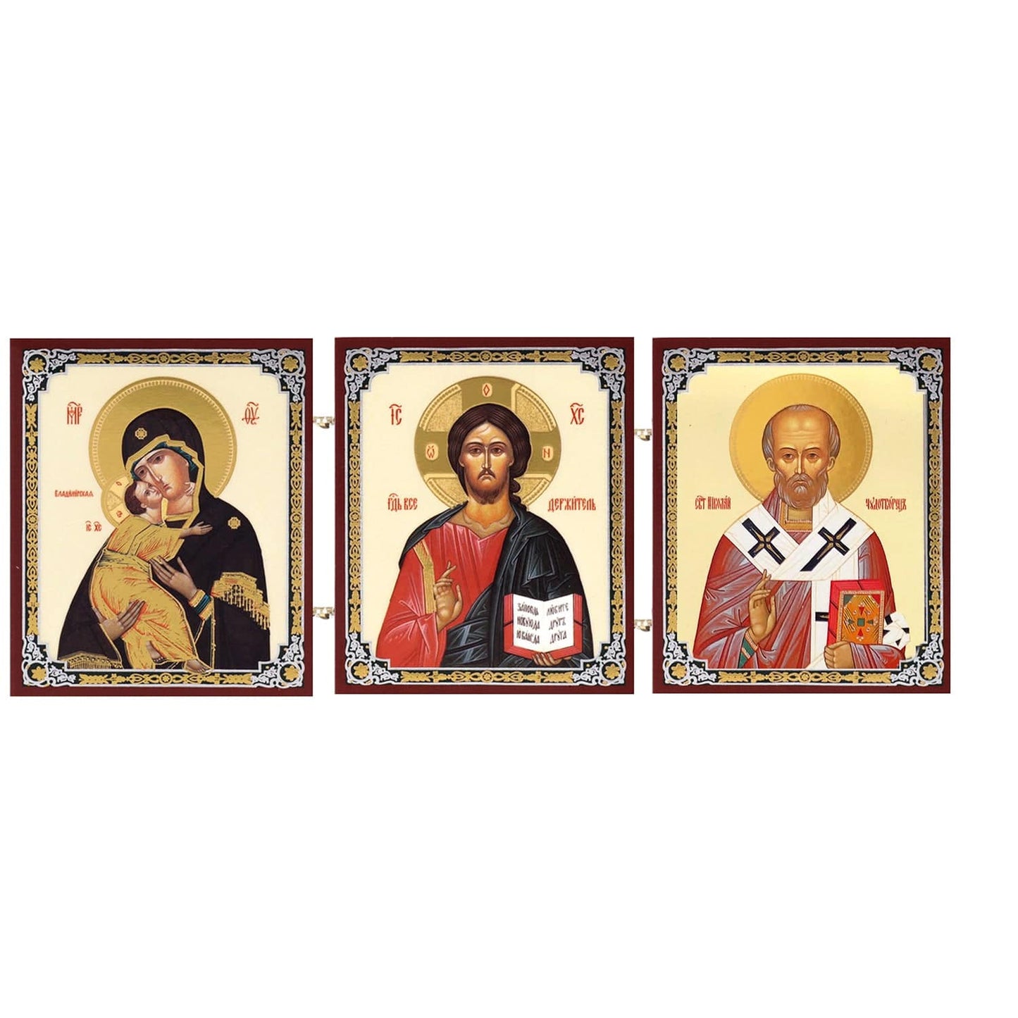 Christ, the Mother of God "of Vladimir," & St. Nicholas Triptych Icon (3 in)