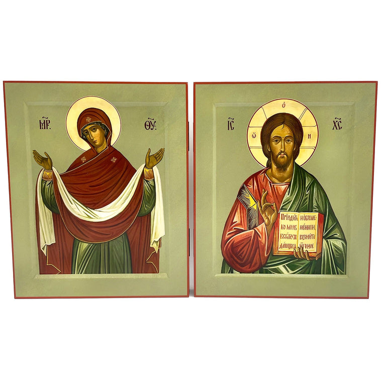 Pair of Premium Wedding Icons: Mother of God "Protection," & Christ Almighty (High-quality Classic, 9 in)