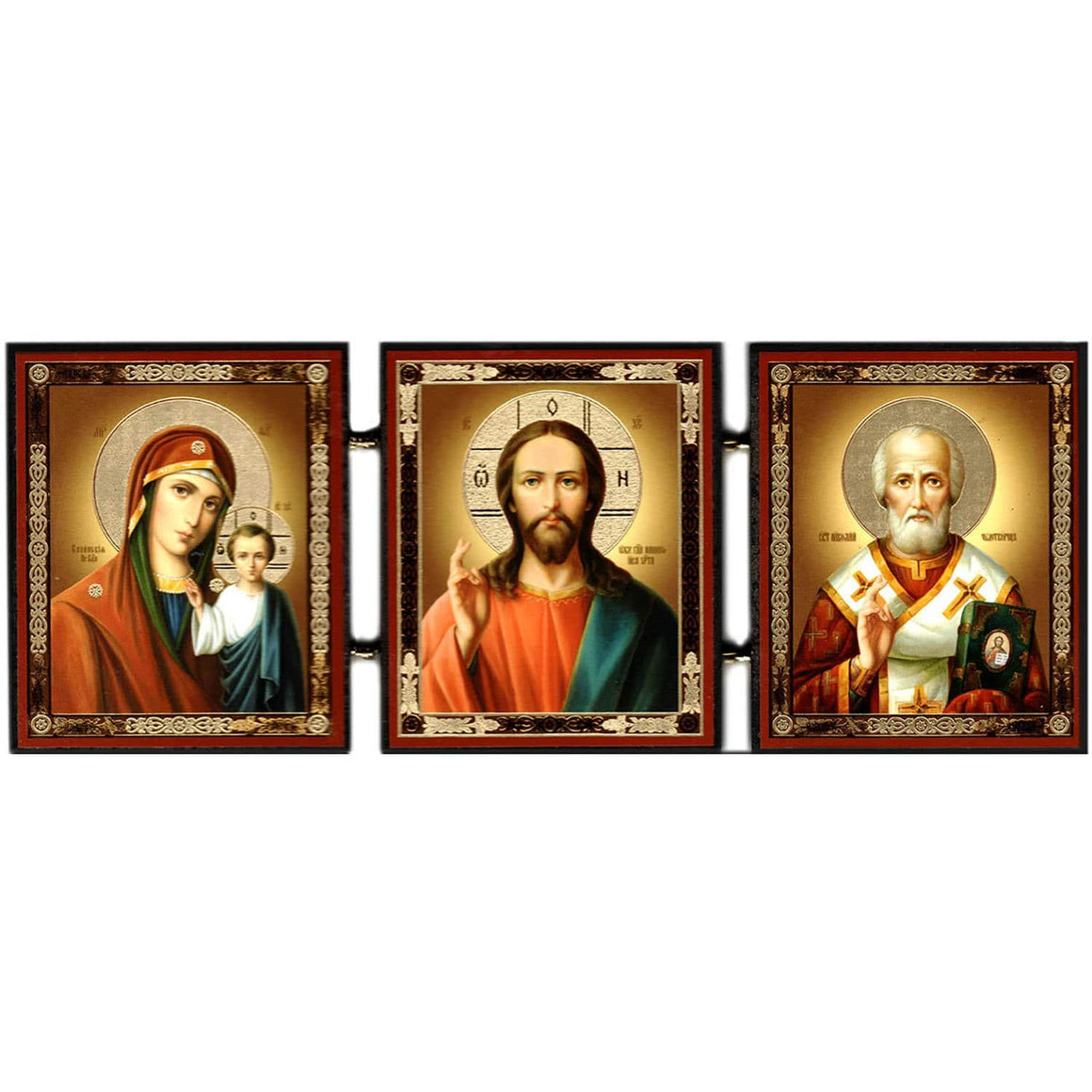 Christ, the Mother of God "of Kazan," & St. Nicholas Triptych Icon (3 in)