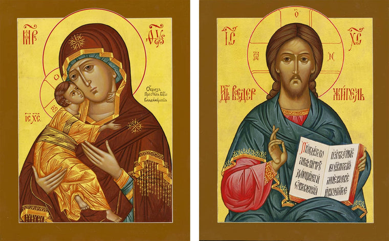 Classic Pair of Wedding Icons, "Vladimir Mother of God" and "Christ Almighty" (6 in)