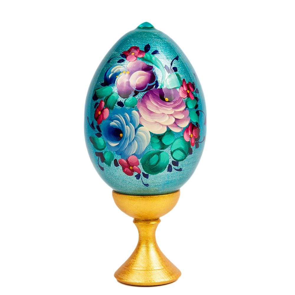 Standing Wooden Egg: Flowers on Blue