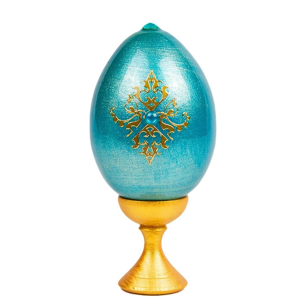 Standing Wooden Egg: Flowers on Blue