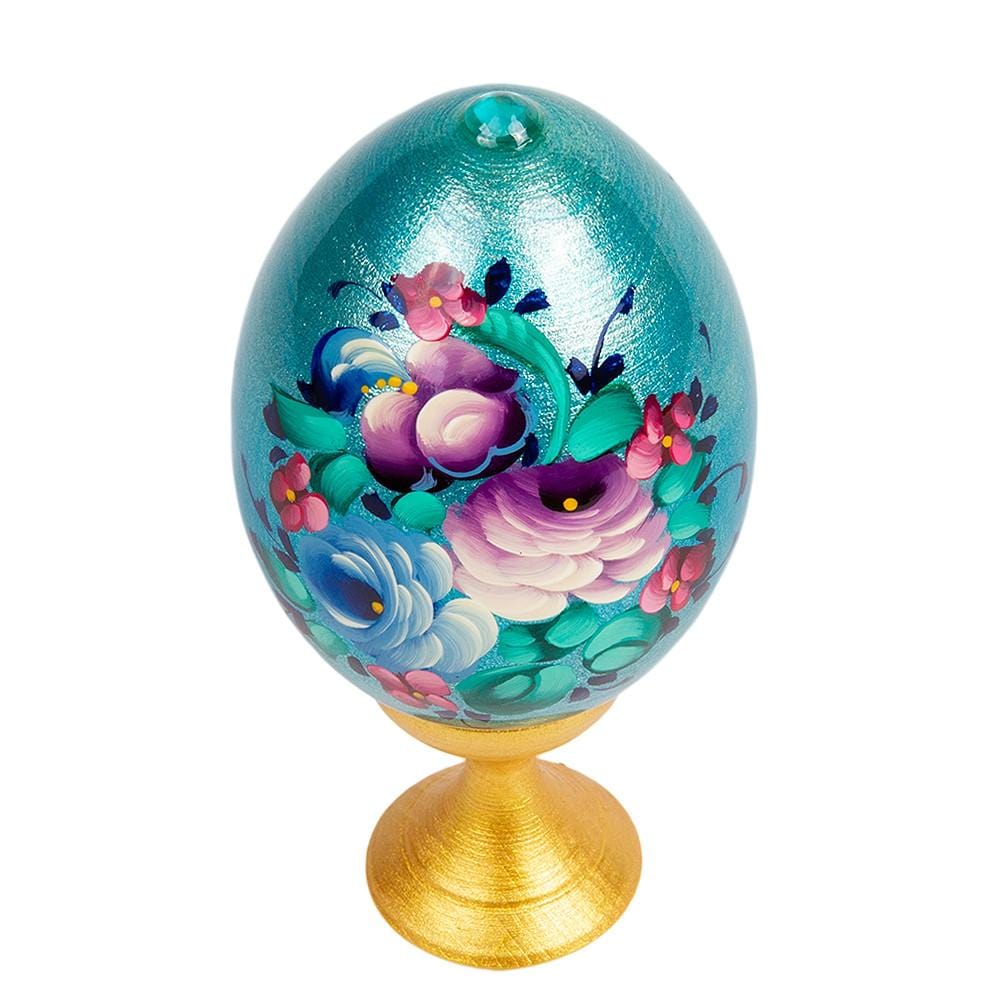 Standing Wooden Egg: Flowers on Blue