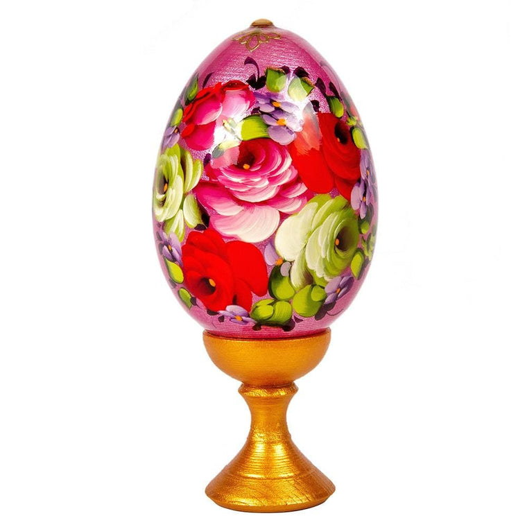 Standing Wooden Egg: Flowers on Pink