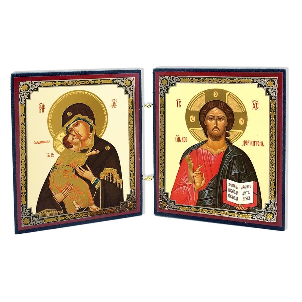Mother of God "of Vladimir" & Christ Almighty Diptych Icon (3 in)