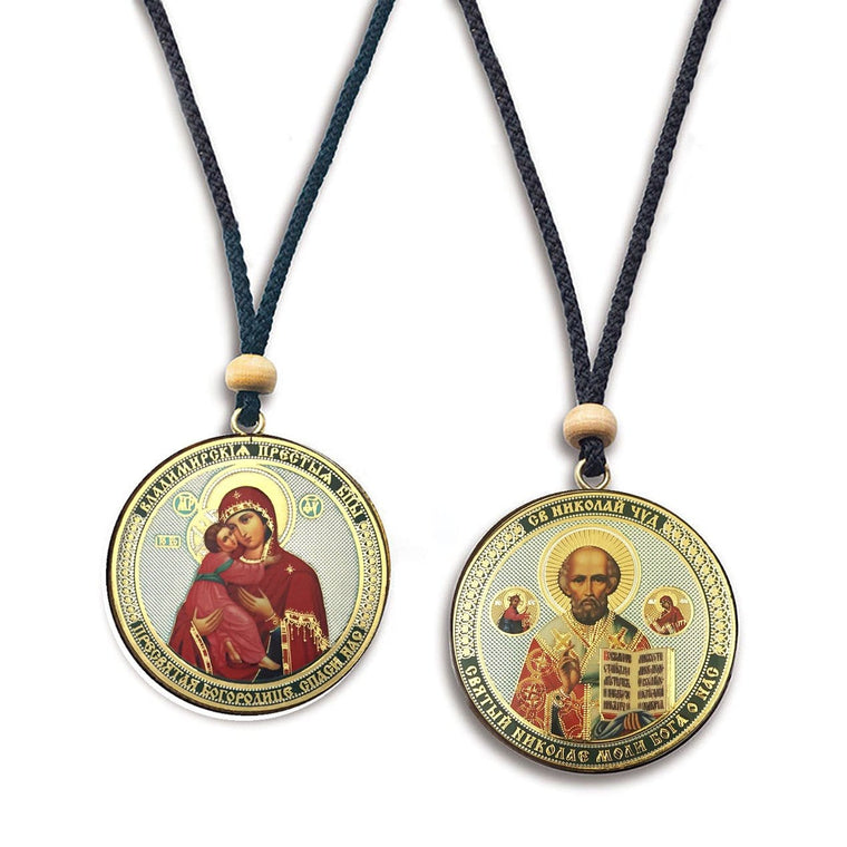 Reversible Hanging Car Icon: Theotokos of "Vladimir" & St. Nicholas